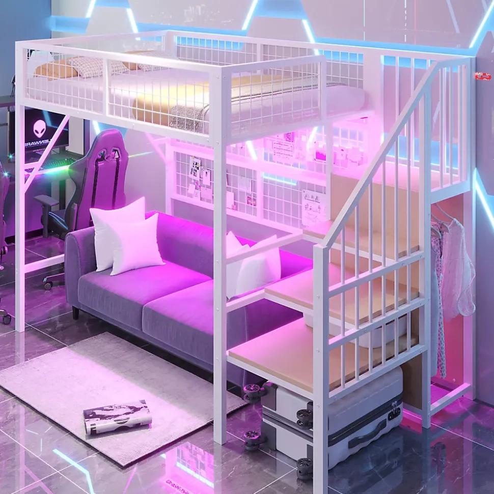 Lit mezzanine 90x200 cm - Lit simple déco avec éclairage LED et rangement sous lit - Armoire ouverte en MDF et métal - Blanc