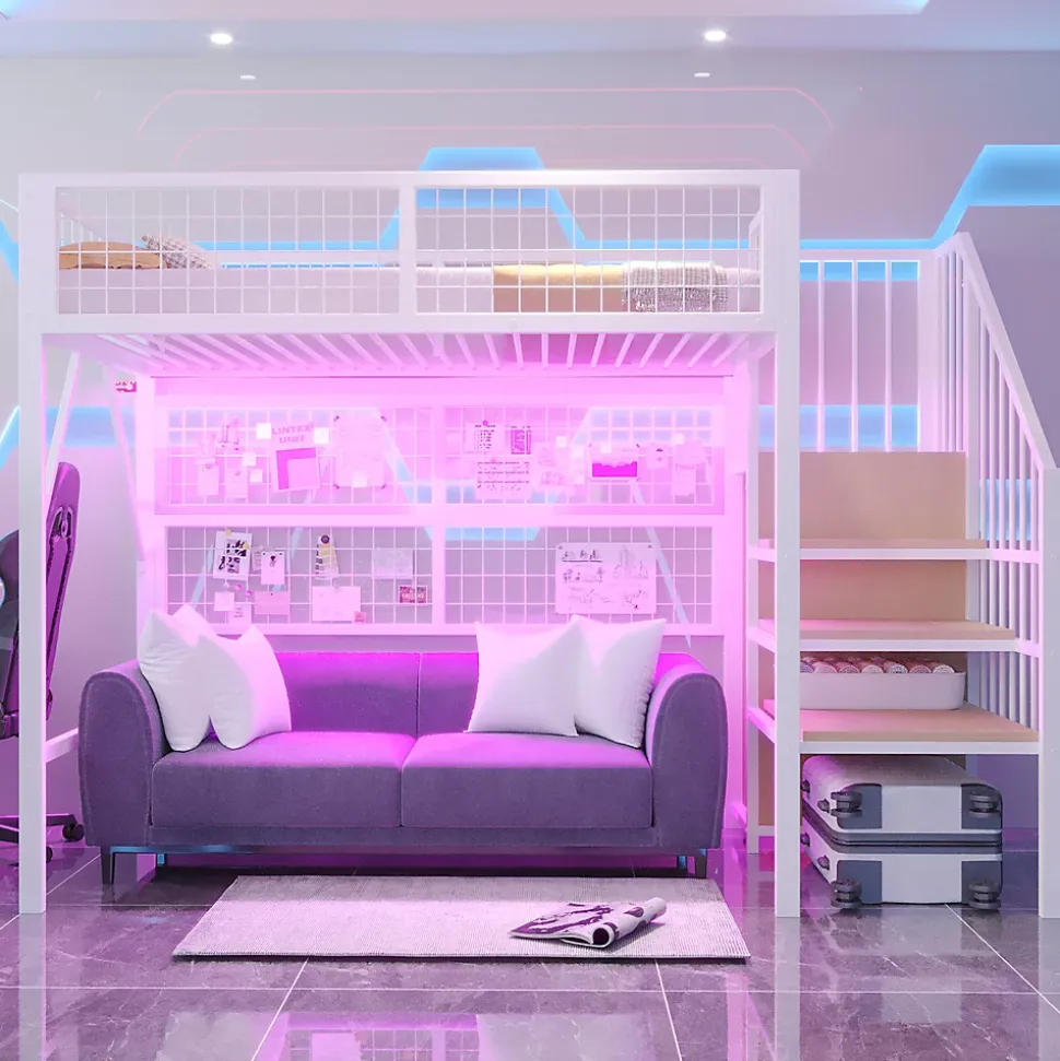 Lit mezzanine 90x200 cm - Lit simple déco avec éclairage LED et rangement sous lit - Armoire ouverte en MDF et métal - Blanc