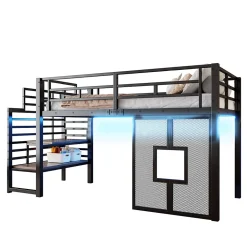 Lit Mezzanine 90x200 cm - Lit Simple avec Escalier de Rangement et LED Intégrée, sans Matelas - Métal Noir