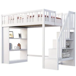 Lit mezzanine 90x200 cm - Lit simple avec rangements intégrés, échelle pratique et tiroirs fonctionnels - Pin et MDF - Blanc