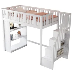 Lit mezzanine 90x200 cm - Lit simple avec rangements intégrés, échelle pratique et tiroirs fonctionnels - Pin et MDF - Blanc