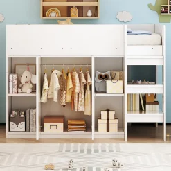 Lit mezzanine 90x200 cm - Lit simple avec échelle sécurisée, placard intégré et rangement pratique - Pin et MDF - Blanc