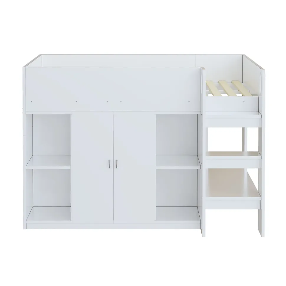 Lit mezzanine 90x200 cm - Lit simple avec échelle sécurisée, placard intégré et rangement pratique - Pin et MDF - Blanc