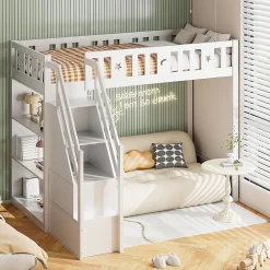 Lit Mezzanine 90x200 cm - Lit Simple avec Échelle de Rangement et Étagères - Cadre en Bois et Métal - Sans Matelas - Blanc