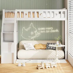 Lit Mezzanine 90x200 cm - Lit Simple avec Échelle de Rangement et Étagères - Cadre en Bois et Métal - Sans Matelas - Blanc