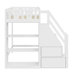 Lit Mezzanine 90x200 cm - Lit Simple avec Échelle de Rangement et Étagères - Cadre en Bois et Métal - Sans Matelas - Blanc