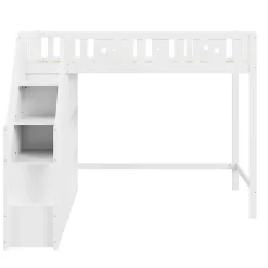 Lit Mezzanine 90x200 cm - Lit Simple avec Échelle de Rangement et Étagères - Cadre en Bois et Métal - Sans Matelas - Blanc