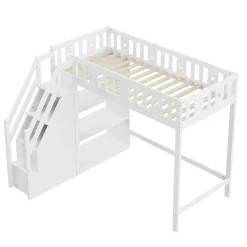 Lit Mezzanine 90x200 cm - Lit Simple avec Échelle de Rangement et Étagères - Cadre en Bois et Métal - Sans Matelas - Blanc