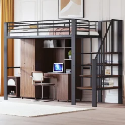 Lit mezzanine 90x200 cm - Lit simple avec rangement et escalier intégré, structure métallique solide - Noir - Sans matelas