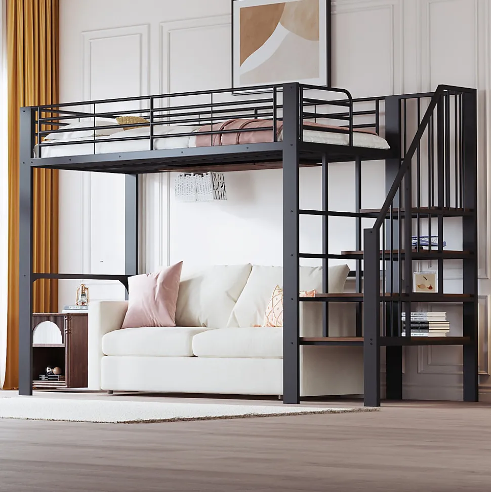 Lit mezzanine 90x200 cm - Lit simple avec rangement et escalier intégré, structure métallique solide - Noir - Sans matelas