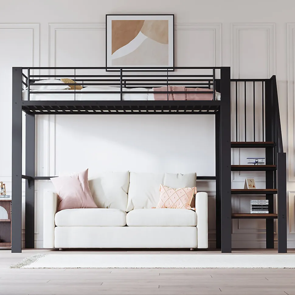 Lit mezzanine 90x200 cm - Lit simple avec rangement et escalier intégré, structure métallique solide - Noir - Sans matelas