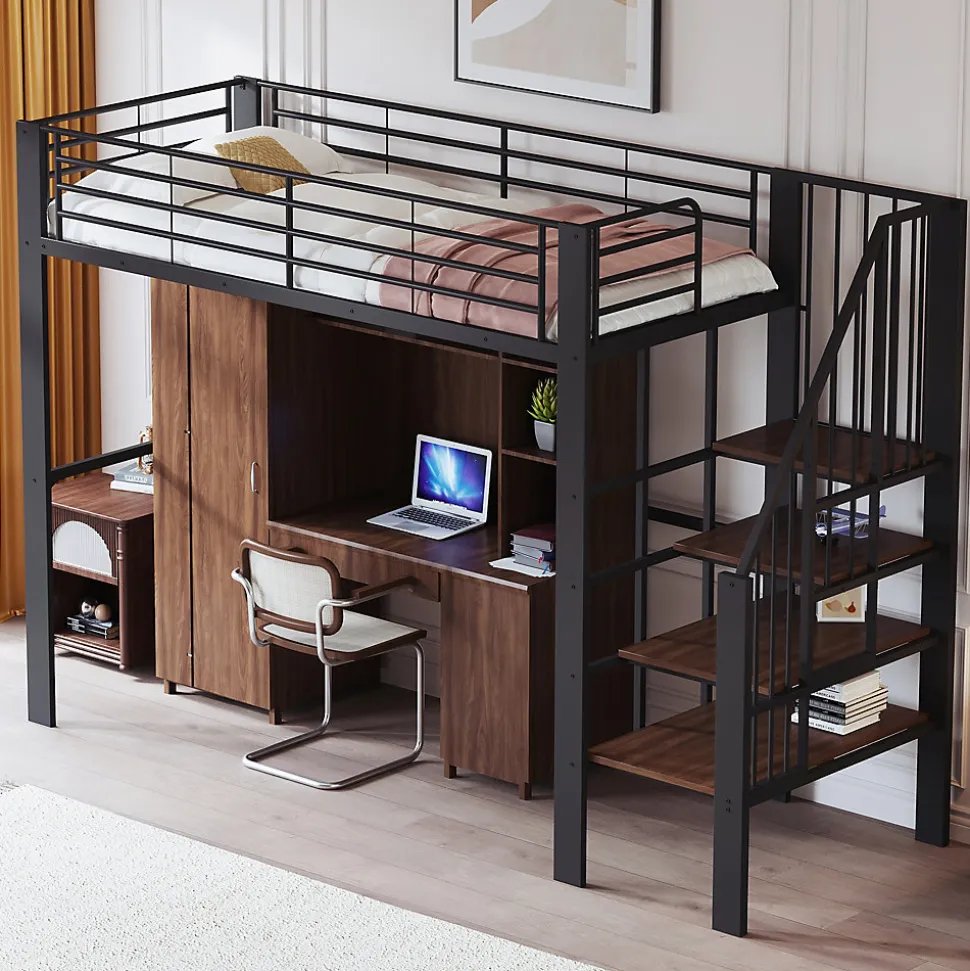 Lit mezzanine 90x200 cm - Lit simple avec rangement et escalier intégré, structure métallique solide - Noir - Sans matelas