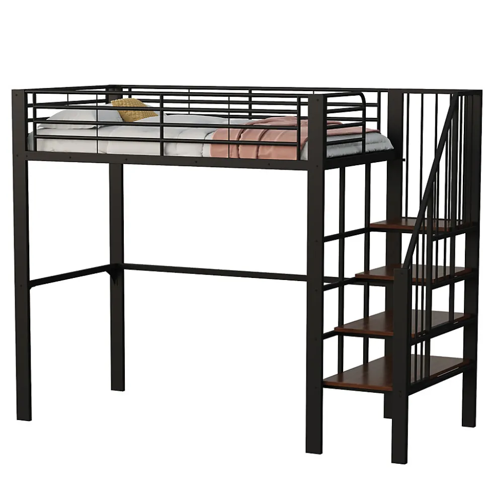 Lit mezzanine 90x200 cm - Lit simple avec rangement et escalier intégré, structure métallique solide - Noir - Sans matelas