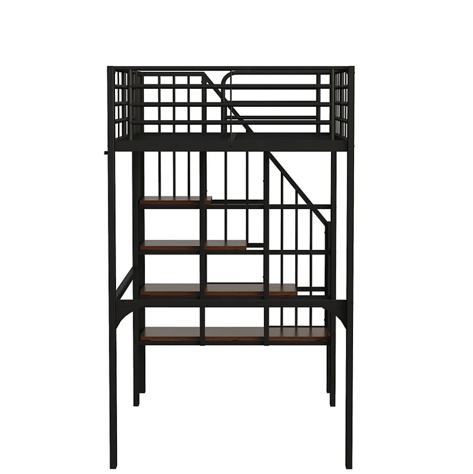 Lit mezzanine 90x200 cm - Lit simple avec rangement et escalier intégré, structure métallique solide - Noir - Sans matelas