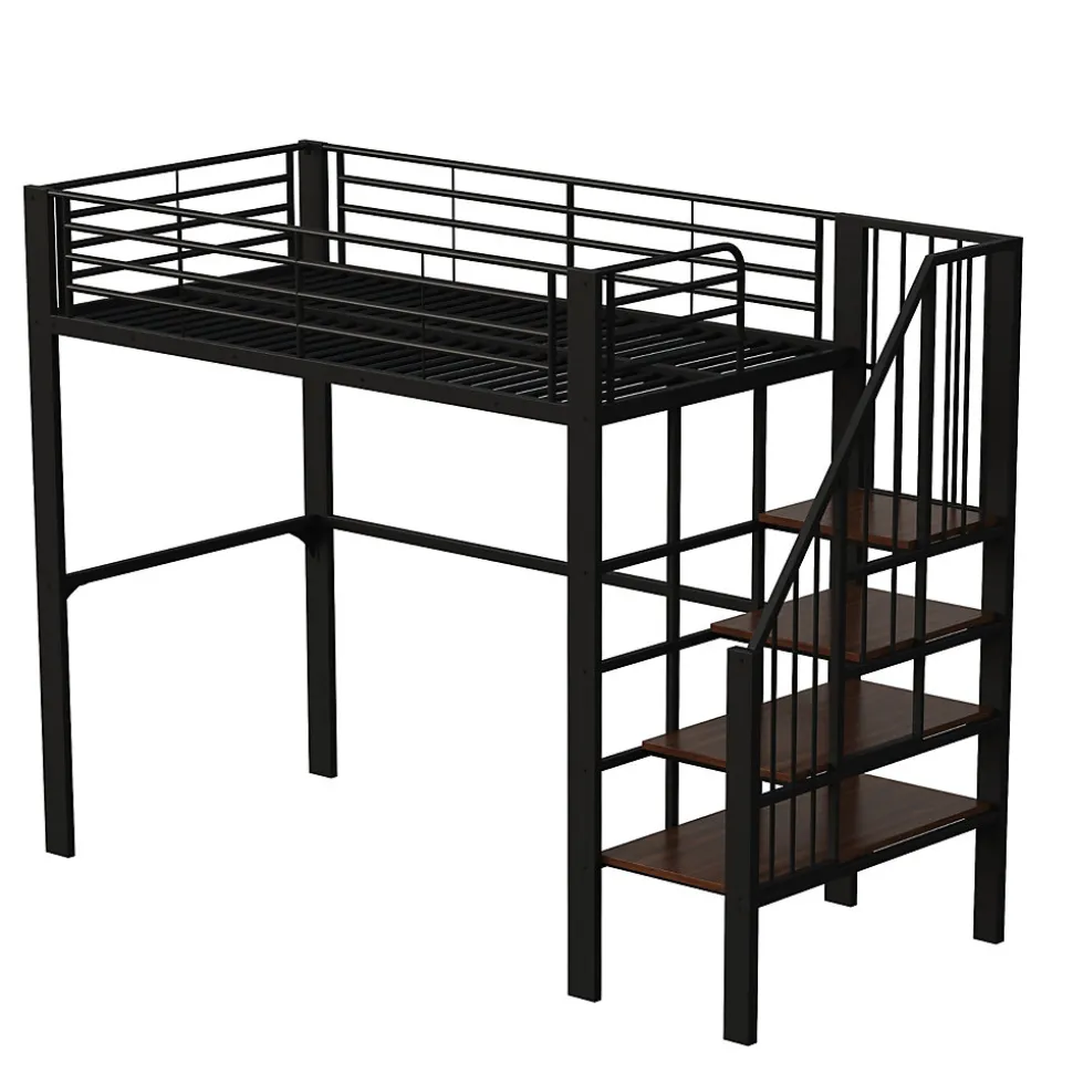 Lit mezzanine 90x200 cm - Lit simple avec rangement et escalier intégré, structure métallique solide - Noir - Sans matelas