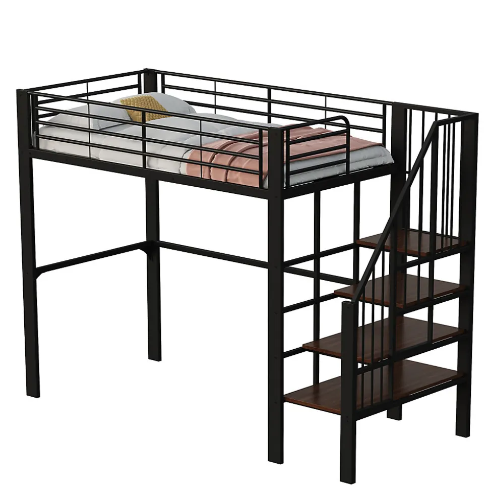 Lit mezzanine 90x200 cm - Lit simple avec rangement et escalier intégré, structure métallique solide - Noir - Sans matelas