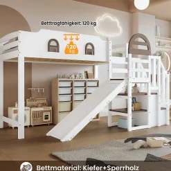 Lit Mezzanine 90x200 cm - Lit Simple enfant avec Toboggan, Escalier Armoire et Étagère de Rangement - Pin et MDF - Blanc et Marron