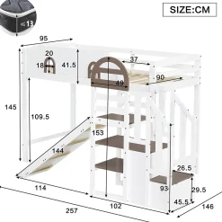 Lit Mezzanine 90x200 cm - Lit Simple enfant avec Toboggan, Escalier Armoire et Étagère de Rangement - Pin et MDF - Blanc et Marron