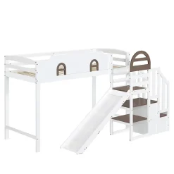 Lit Mezzanine 90x200 cm - Lit Simple enfant avec Toboggan, Escalier Armoire et Étagère de Rangement - Pin et MDF - Blanc et Marron