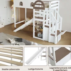 Lit Mezzanine 90x200 cm - Lit Simple enfant avec Toboggan, Escalier Armoire et Étagère de Rangement - Pin et MDF - Blanc et Marron