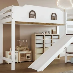 Lit Mezzanine 90x200 cm - Lit Simple enfant avec Toboggan, Escalier Armoire et Étagère de Rangement - Pin et MDF - Blanc et Marron