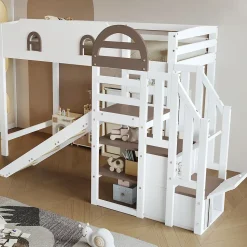 Lit Mezzanine 90x200 cm - Lit Simple enfant avec Toboggan, Escalier Armoire et Étagère de Rangement - Pin et MDF - Blanc et Marron