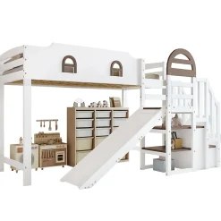 Lit Mezzanine 90x200 cm - Lit Simple enfant avec Toboggan, Escalier Armoire et Étagère de Rangement - Pin et MDF - Blanc et Marron