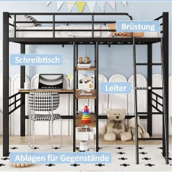 Lit Mezzanine 90x200 cm - Lit Simple avec Bureau en L, Garde-Corps et Échelle, Sans Matelas - Métal Noir