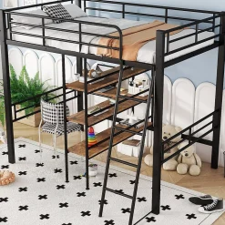 Lit Mezzanine 90x200 cm - Lit Simple avec Bureau en L, Garde-Corps et Échelle, Sans Matelas - Métal Noir