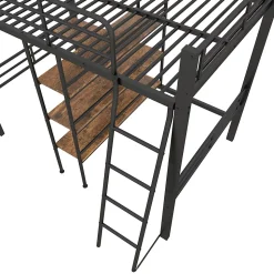Lit Mezzanine 90x200 cm - Lit Simple avec Bureau en L, Garde-Corps et Échelle, Sans Matelas - Métal Noir