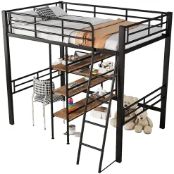 Lit Mezzanine 90x200 cm - Lit Simple avec Bureau en L, Garde-Corps et Échelle, Sans Matelas - Métal Noir