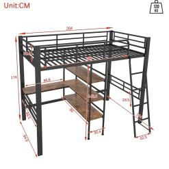 Lit Mezzanine 90x200 cm - Lit Simple avec Bureau en L, Garde-Corps et Échelle, Sans Matelas - Métal Noir