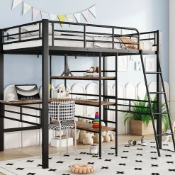 Lit Mezzanine 90x200 cm - Lit Simple avec Bureau en L, Garde-Corps et Échelle, Sans Matelas - Métal Noir