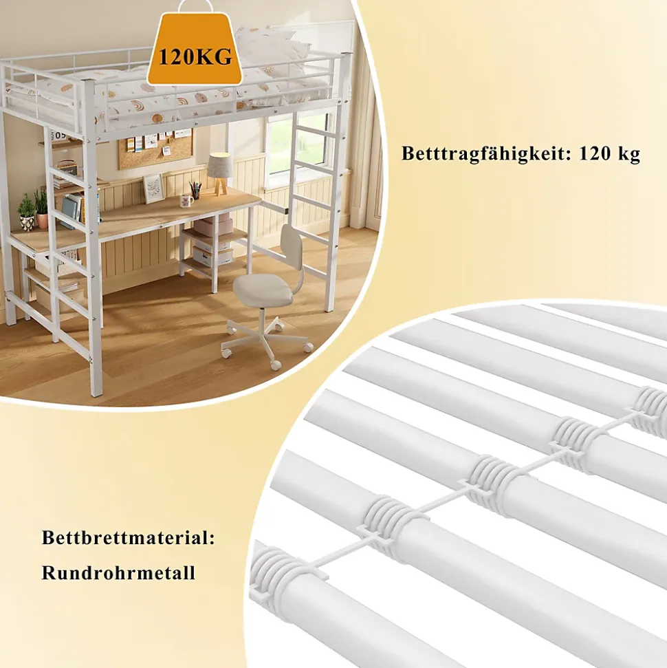 Lit Mezzanine 90x200 cm - Lit Simple avec Bureau et Étagères de Rangement, Structure Métal Solide, Auto-Installation - Blanc