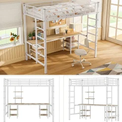 Lit Mezzanine 90x200 cm - Lit Simple avec Bureau et Étagères de Rangement, Structure Métal Solide, Auto-Installation - Blanc