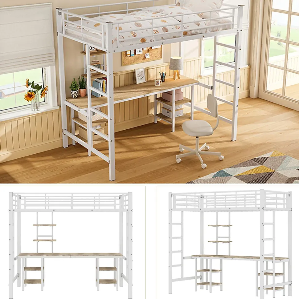 Lit Mezzanine 90x200 cm - Lit Simple avec Bureau et Étagères de Rangement, Structure Métal Solide, Auto-Installation - Blanc