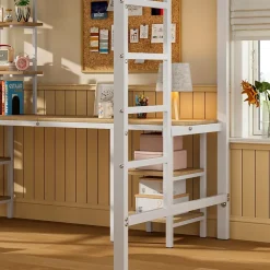 Lit Mezzanine 90x200 cm - Lit Simple avec Bureau et Étagères de Rangement, Structure Métal Solide, Auto-Installation - Blanc