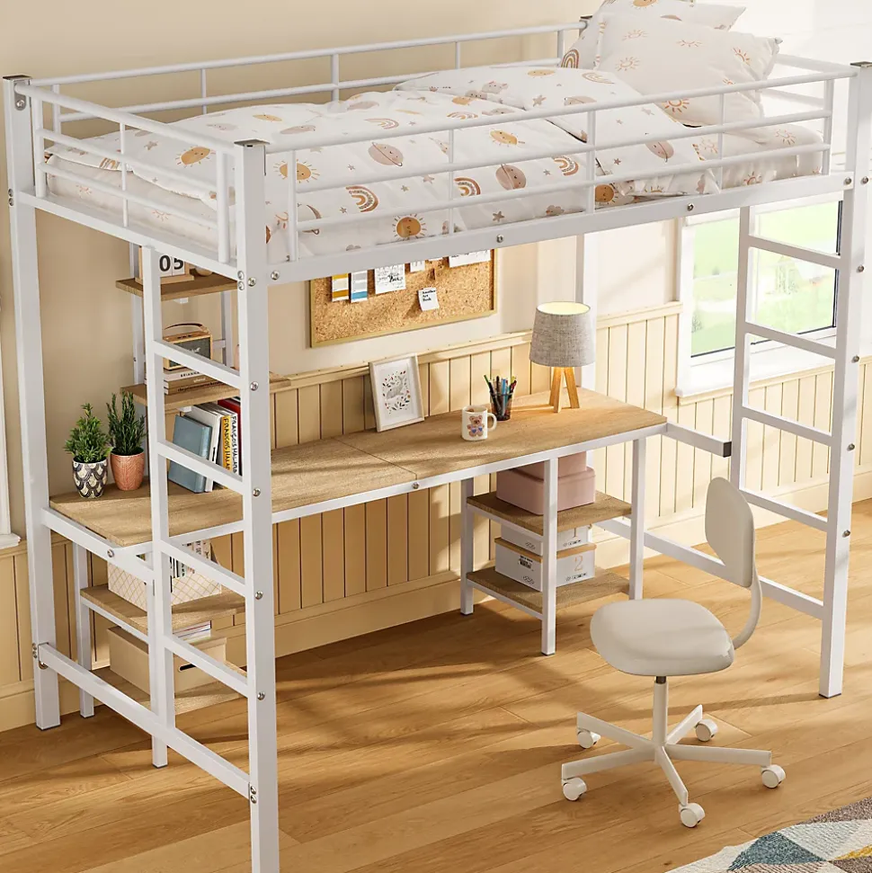 Lit Mezzanine 90x200 cm - Lit Simple avec Bureau et Étagères de Rangement, Structure Métal Solide, Auto-Installation - Blanc