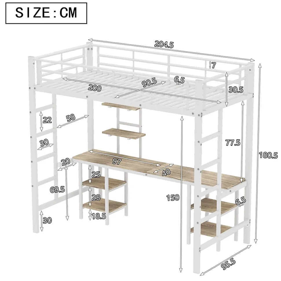 Lit Mezzanine 90x200 cm - Lit Simple avec Bureau et Étagères de Rangement, Structure Métal Solide, Auto-Installation - Blanc