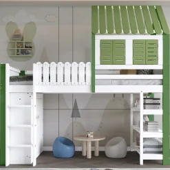 Lit Mezzanine 90x200 cm - Lit Simple avec Protection et Étagère de Rangement, Bois Pin et MDF, Sans Matelas, Blanc et Vert