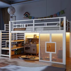 Lit Mezzanine 90x200 cm - Lit Simple avec Escalier de Rangement et LED Intégrée, sans Matelas - Métal Blanc