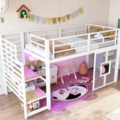 Lit Mezzanine 90x200 cm - Lit Simple avec Escalier de Rangement et LED Intégrée, sans Matelas - Métal Blanc