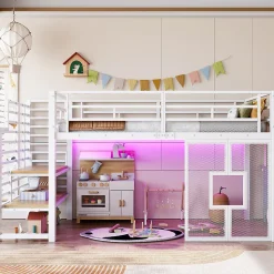 Lit Mezzanine 90x200 cm - Lit Simple avec Escalier de Rangement et LED Intégrée, sans Matelas - Métal Blanc