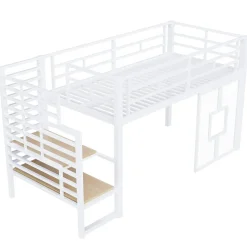 Lit Mezzanine 90x200 cm - Lit Simple avec Escalier de Rangement et LED Intégrée, sans Matelas - Métal Blanc