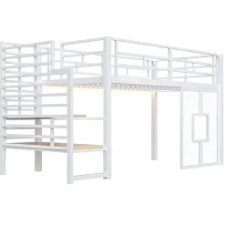 Lit Mezzanine 90x200 cm - Lit Simple avec Escalier de Rangement et LED Intégrée, sans Matelas - Métal Blanc