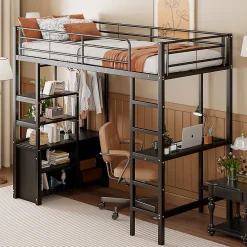 Lit Mezzanine 90x200 cm - Lit Surélevé Ado en Métal avec Bureau, Prise USB et Rangements Ouverts - Sans Matelas - Noir