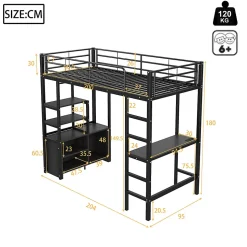 Lit Mezzanine 90x200 cm - Lit Surélevé Ado en Métal avec Bureau, Prise USB et Rangements Ouverts - Sans Matelas - Noir