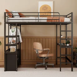 Lit Mezzanine 90x200 cm - Lit Surélevé Ado en Métal avec Bureau, Prise USB et Rangements Ouverts - Sans Matelas - Noir