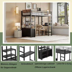 Lit Mezzanine 90x200 cm - Lit Surélevé Ado en Métal avec Bureau, Prise USB et Rangements Ouverts - Sans Matelas - Noir