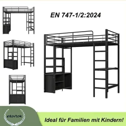 Lit Mezzanine 90x200 cm - Lit Surélevé Ado en Métal avec Bureau, Prise USB et Rangements Ouverts - Sans Matelas - Noir